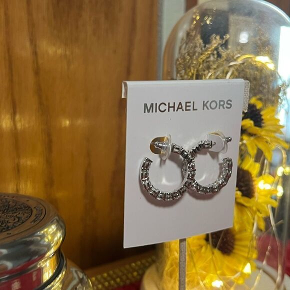 NWT Michael Kors Silver Hoop With Crystal Stations Earrings #TSER - Picture 4 of 8